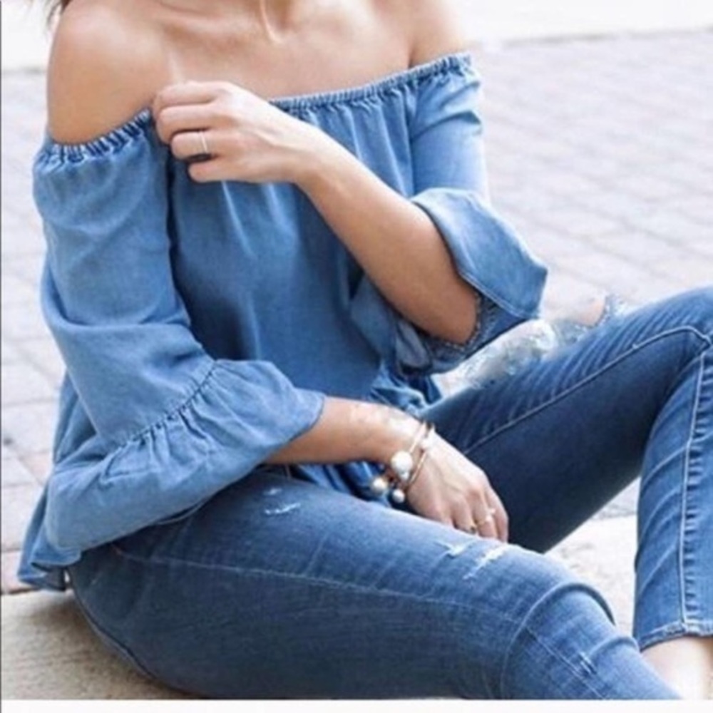 Zara premium denim Chambray peplum off the shoulder ruffle top